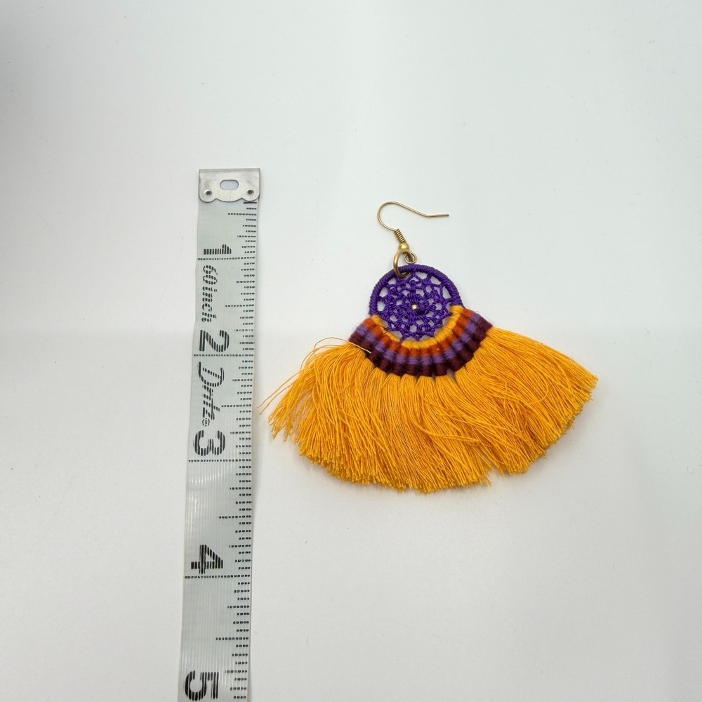 VTG Boho Dreamcatcher Tassel Dangle Earrings - Yellow & Purple Chic - Picture 9 of 10